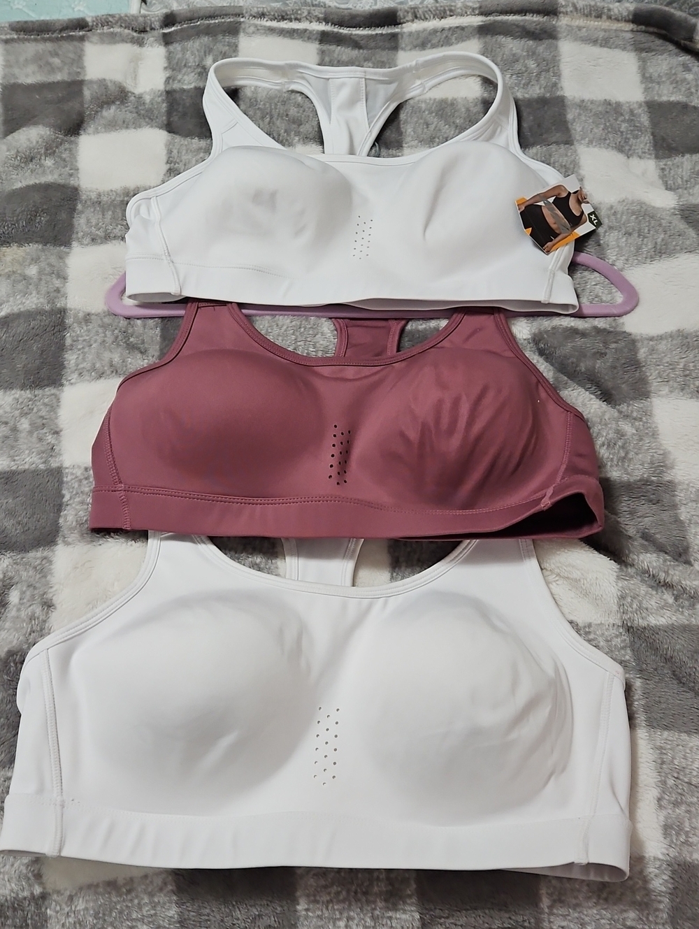 Three Avia Racerback Sports Bras, 1 NWT White, 1 White, 1  Mauve